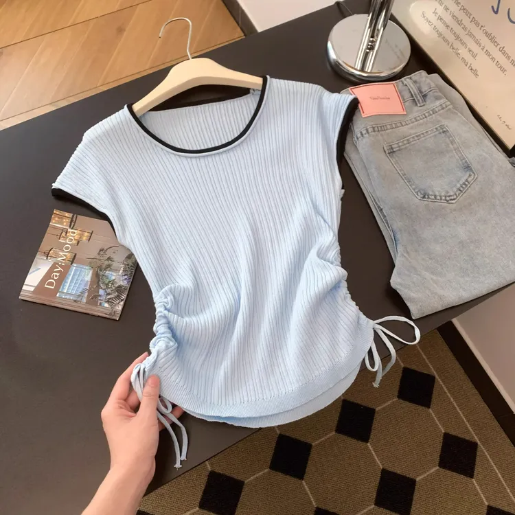 不规则抽绳褶皱撞色圆领飞飞袖上衣夏季新款时尚百搭显瘦针织衫潮