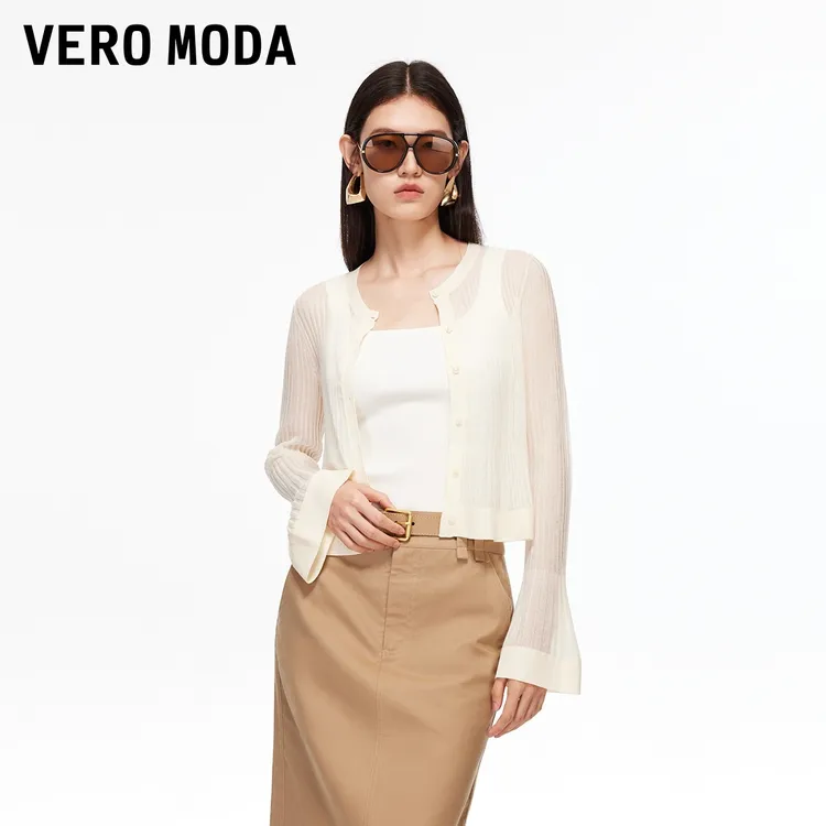 Vero Moda针织衫2025新款单排扣纯色透视荷叶袖上衣老钱风松弛感