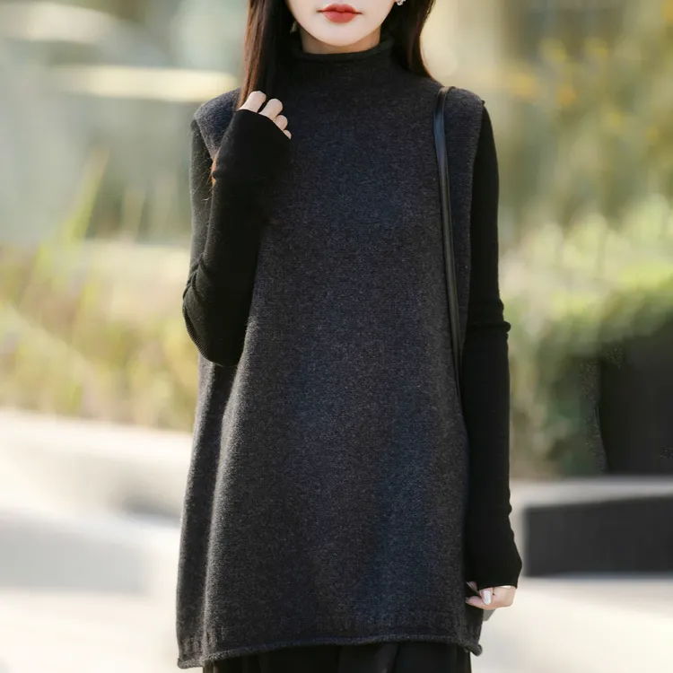 针织马夹秋冬拼接高领百搭加厚半高领马甲中长款内搭823