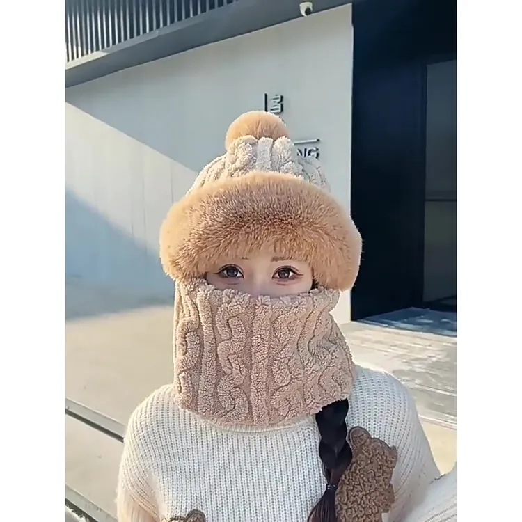 护耳口罩一体加厚冬季骑行护脸女套头帽民族风柔软亲肤保暖毛帽