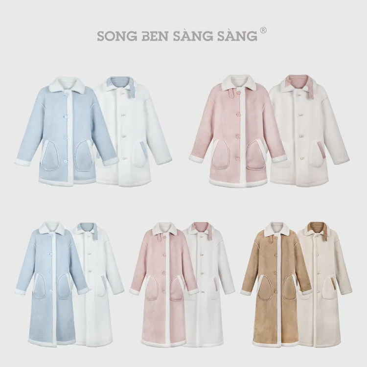 松本丧丧蓝色过膝长款羊羔绒双面穿摇粒绒大衣外套秋冬B253O0072