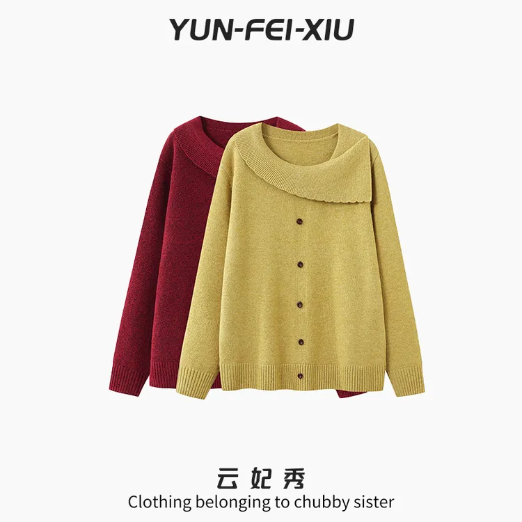 云妃秀大码女装针织衫不规则翻领时尚宽松显瘦遮肉胖妹妹冬72199