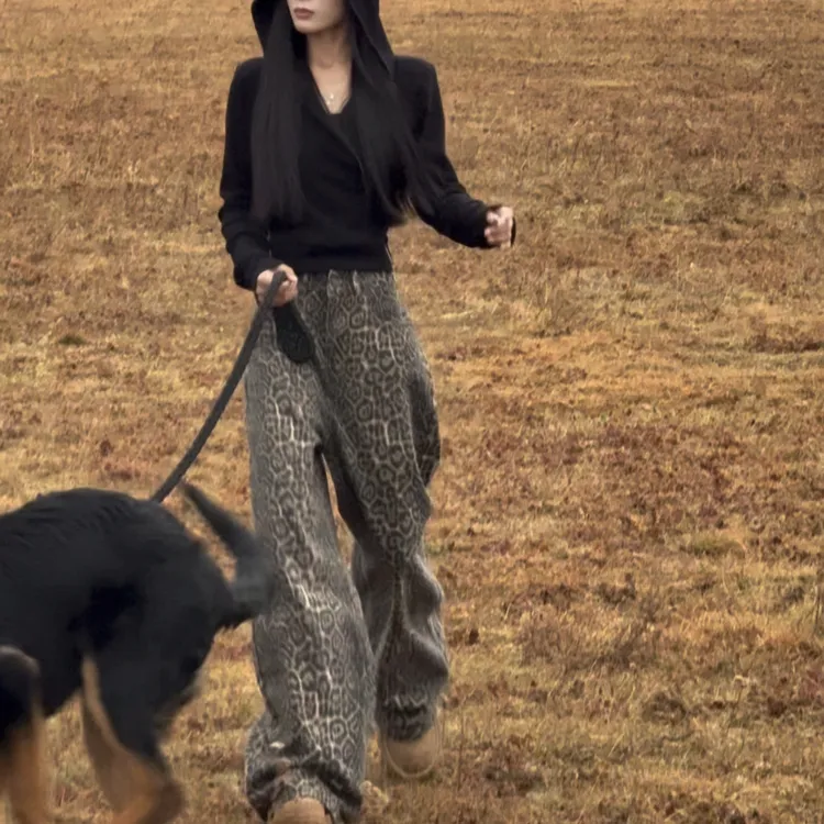 豹纹宽松阔腿直筒高腰休闲裤女秋季韩版小个子显瘦裤子526