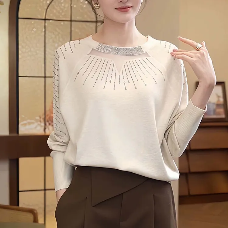 气质高级洋气百搭镂空烫钻针织衫显瘦遮肉优雅休闲舒适套头毛衣