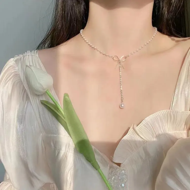 合金合成锆石吊坠 高级感ins蝴蝶结珍珠项链女温柔仙气小众设计精