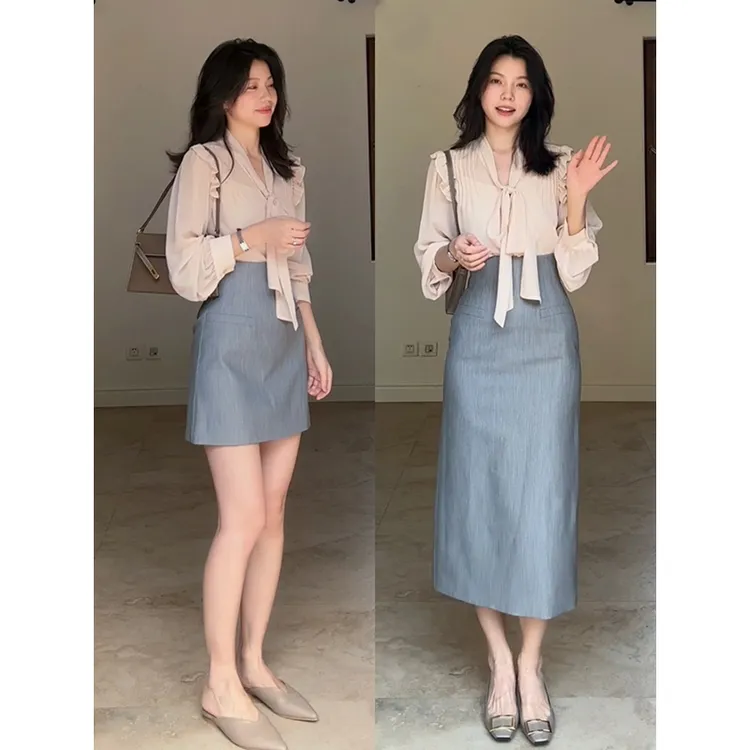 郭九九呢 气质荷叶边飘带衬衫百搭吊带收腰西装半身裙 G925A02565