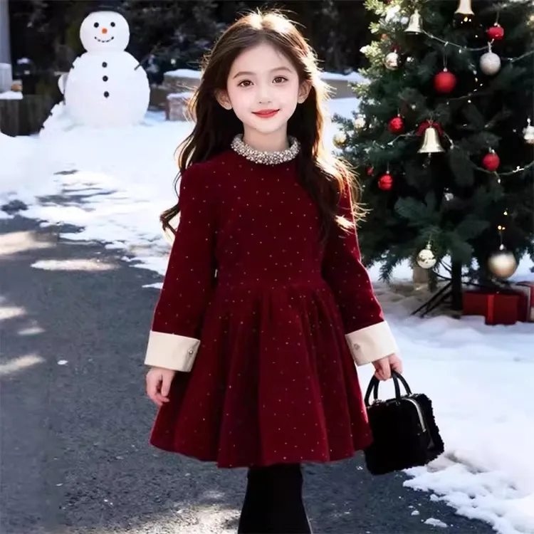 女童波点加绒连衣裙秋冬款2025新款儿童洋气加厚公主裙红色礼服裙