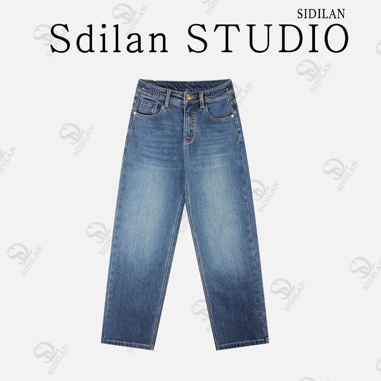 腰间压花高腰拖地直筒加绒牛仔裤LW5693