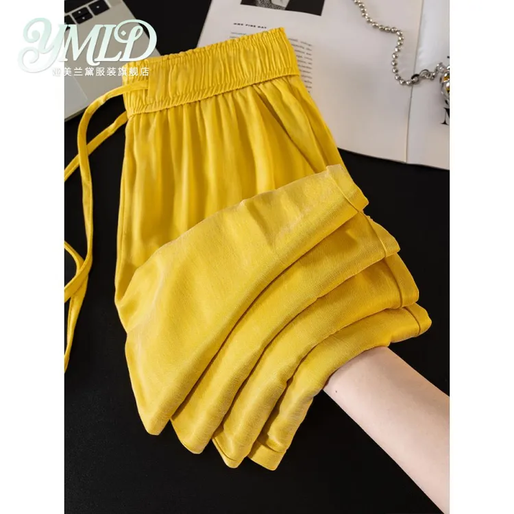黄色铜氨丝阔腿裤女夏薄款2025新款冰丝直筒裤高腰显瘦休闲裤