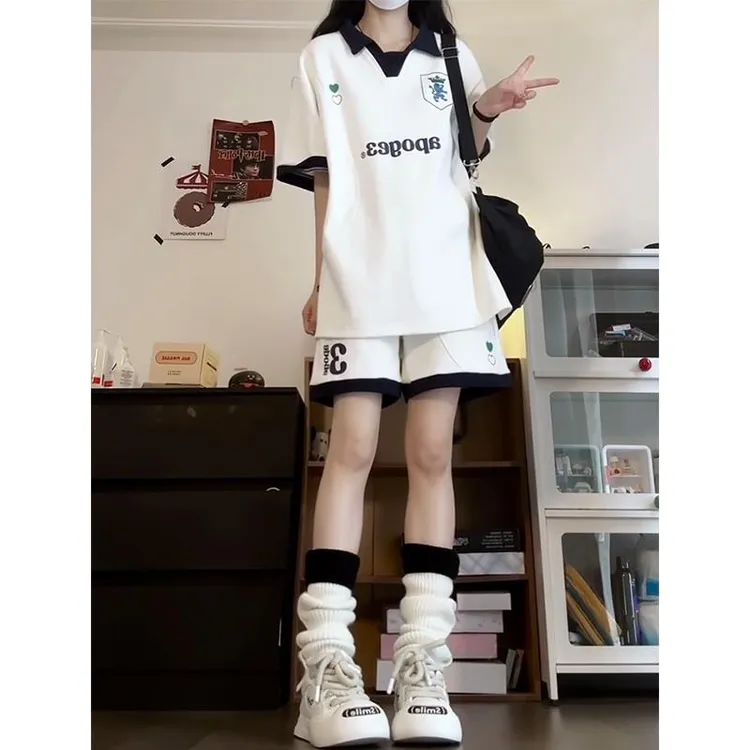 学院风OOTD运动套装女夏季宽松拼色POLO衫短袖短裤休闲跑步两件套