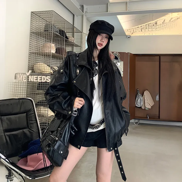 2025秋冬新款pu皮机车短款皮衣夹克宽松复古外套黑色潮流上衣女