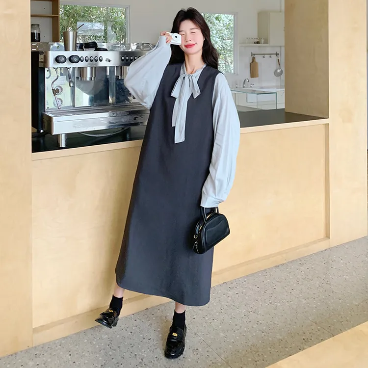  韩系浅蓝色衬衫背心连衣裙套装女2025春秋新款巨好看减龄长裙子