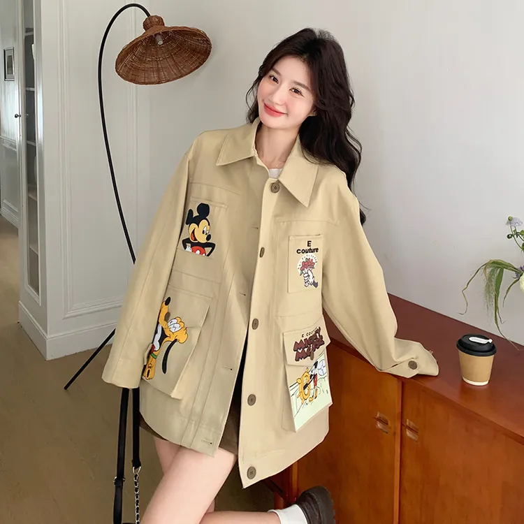 卡通印花工装风衣外套女春季新款韩系设计感宽松显瘦休闲大衣