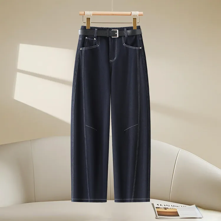 丹宁蓝牛仔弯刀裤女2025春秋新款高腰显瘦遮肉宽松休闲窄版阔腿裤