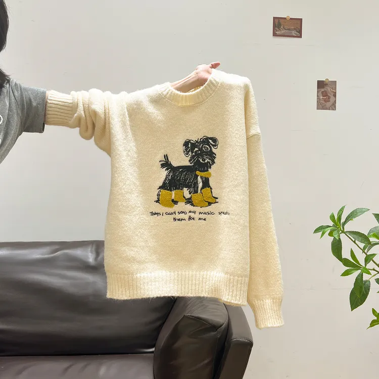 小狗刺绣减龄圆领加厚保暖毛衣女2025秋冬季新款宽松上衣