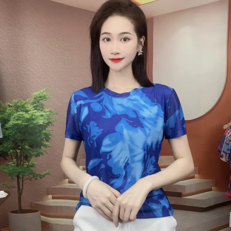2025夏季新款时尚百搭显瘦气质肌肤纱短袖圆领T恤印花上衣1011