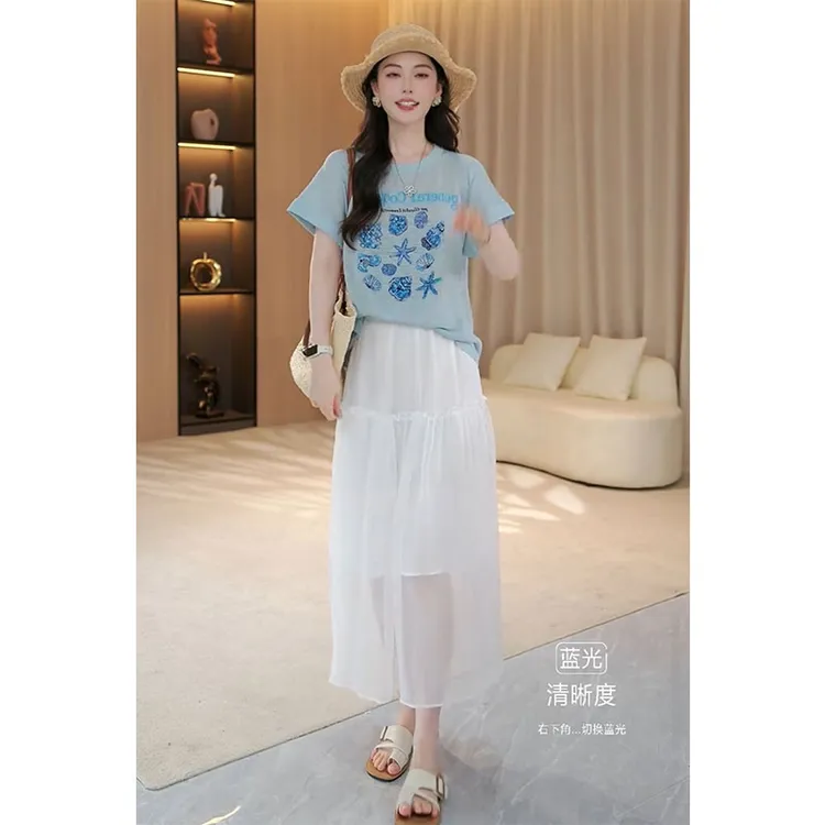 减龄圆领套头时尚字母短袖T恤网纱拼接超仙半身裙子夏季两件套装