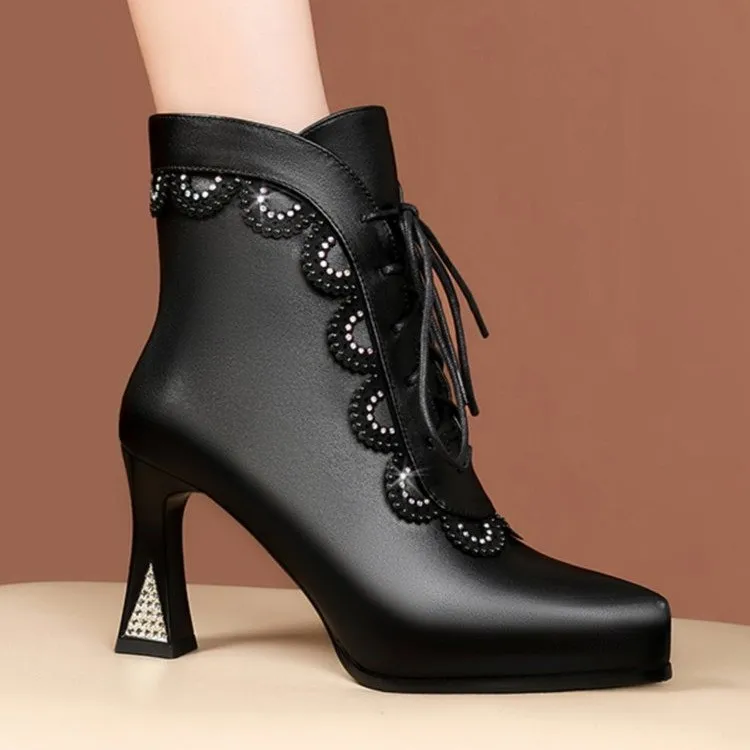 真软皮绑带马丁靴2025年秋冬新款高跟鞋洋气黑色防水台短靴女靴子