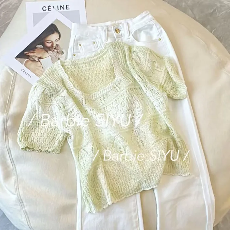 Barbie Siyu【夏威夷】86339夏季韩系方领镂空渐变色百搭短袖针织
