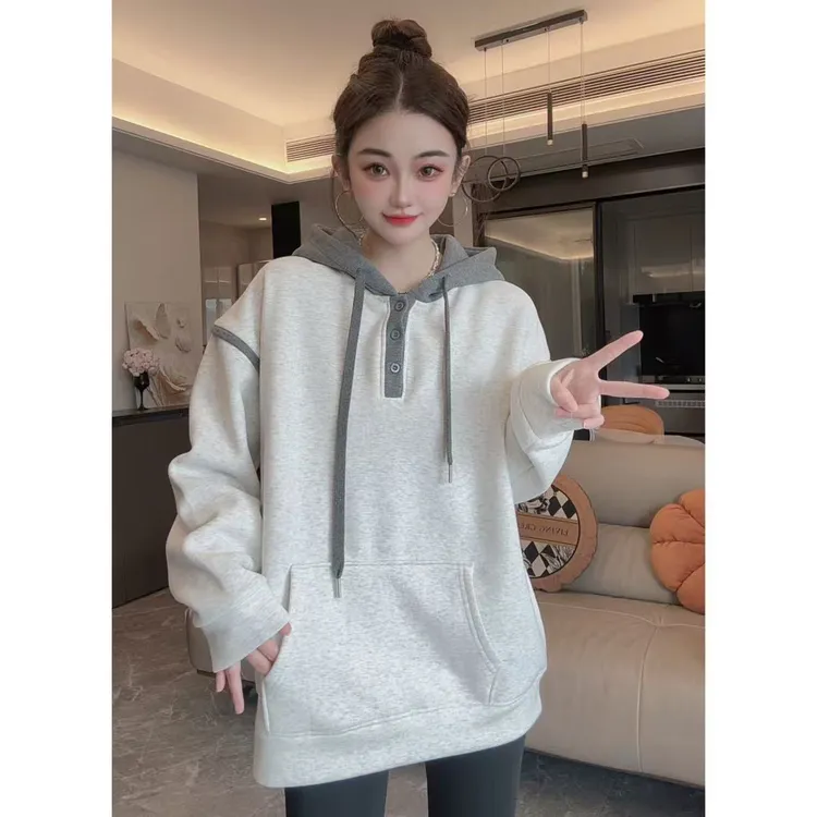 【半夏专属】冬季新款美式加绒连帽【三粒扣】拼接撞色卫衣 2673 X