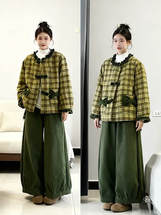 2025新款秋季韩系慵懒风木耳边格子外套上衣百搭休闲裤两件套装