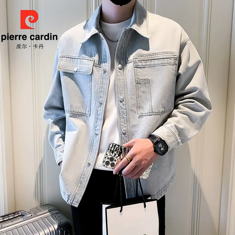 皮尔卡丹牛仔外套男春秋季2025新款痞帅潮牌水洗工装衣服翻领潮流