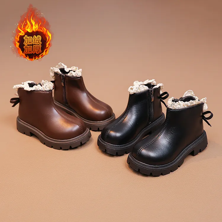 公主风女童马丁靴冬季侧拉链圆头加厚蕾丝蝴蝶结女孩短靴儿童加绒