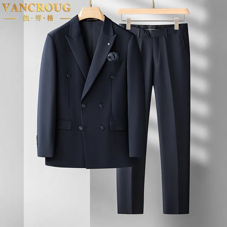 VANCROUG/法劳格西服套装男士秋季宽松大码双排扣商务免烫两件套 