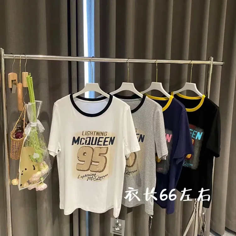 夏季新款大码女装短袖撞色拼接字母印花圆领休闲T恤百搭显瘦5056