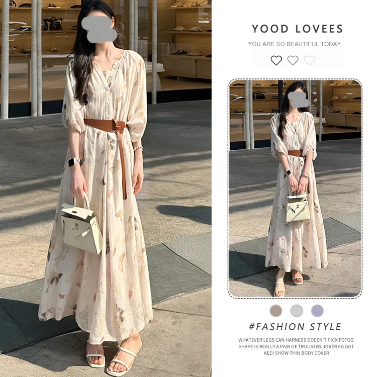 假日度假风半袖连衣裙女2026夏季新款显瘦时尚百搭裙子a字长裙子