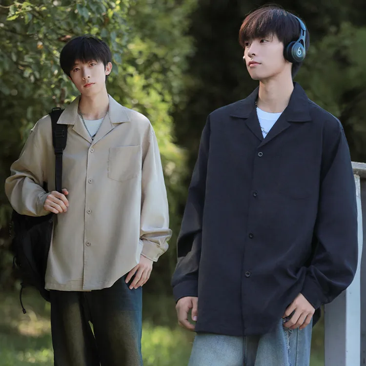 日系简约长袖衬衫男春秋季宽松休闲翻领衬衣外套