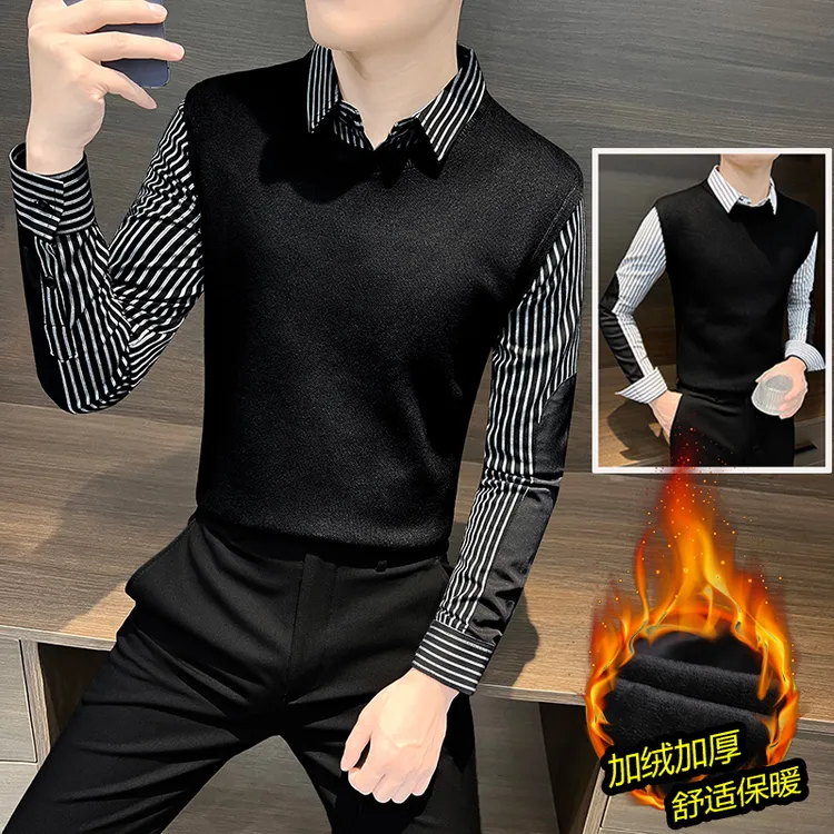 假两件衬衫毛衣男款秋冬爆款2025新款痞帅男装拼接男士内搭针织衫