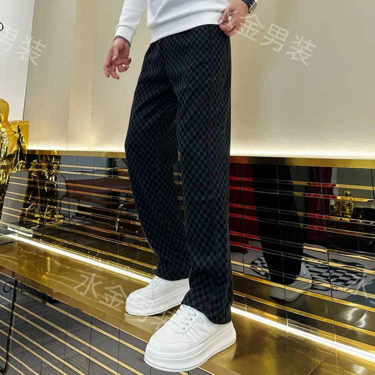 2025男装男士冬季高端潮流时尚百搭加厚加绒直筒格子休闲裤58218