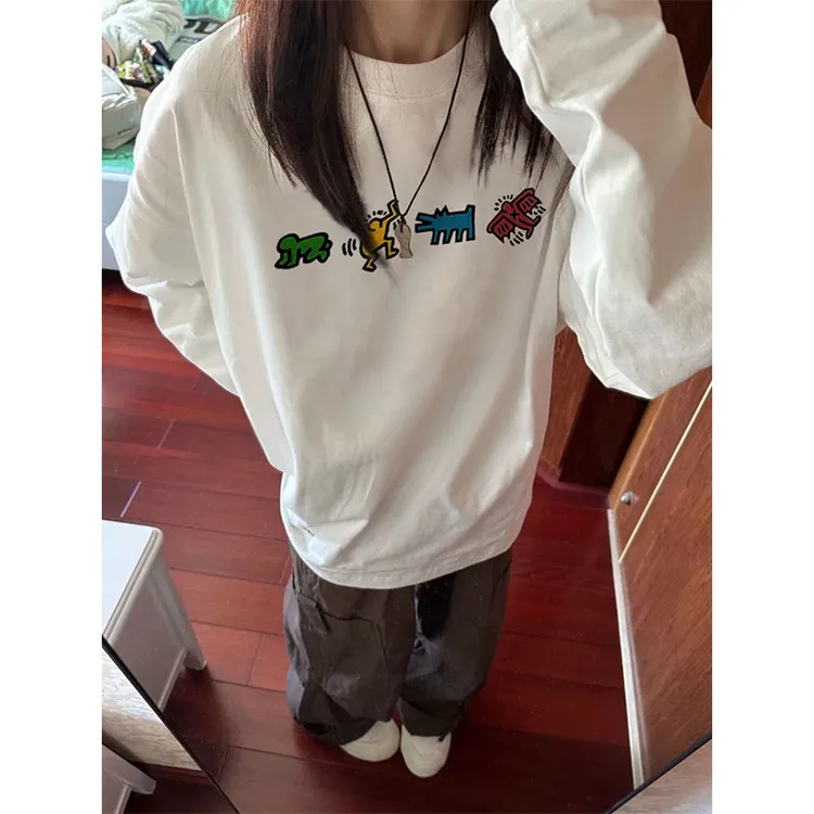 慵懒松弛感纯棉白色长袖T恤女春秋季小众设计感宽松百搭打底上衣