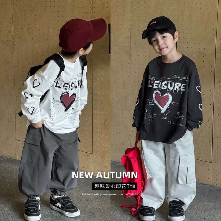 棉小班童装秋季新款潮酷爱心字母印花儿童T恤打底衫AQ5018