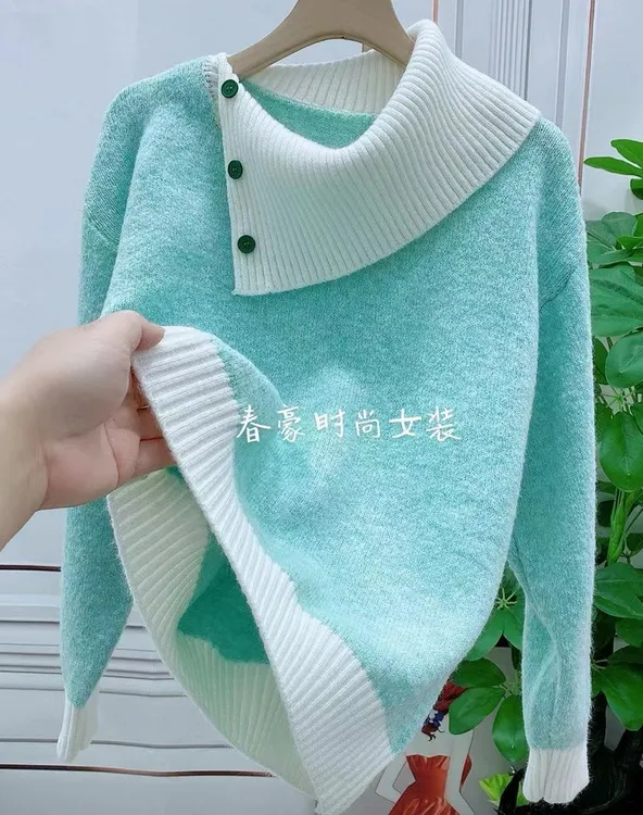 极简风秋冬新款翻领撞色针织衫洋气高级毛衣韩版宽松短款网红上衣