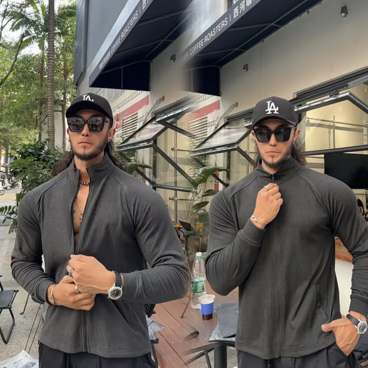 GM秋冬美式3D显壮空气垫肩德绒保暖高弹健身运动拉链半门襟长袖