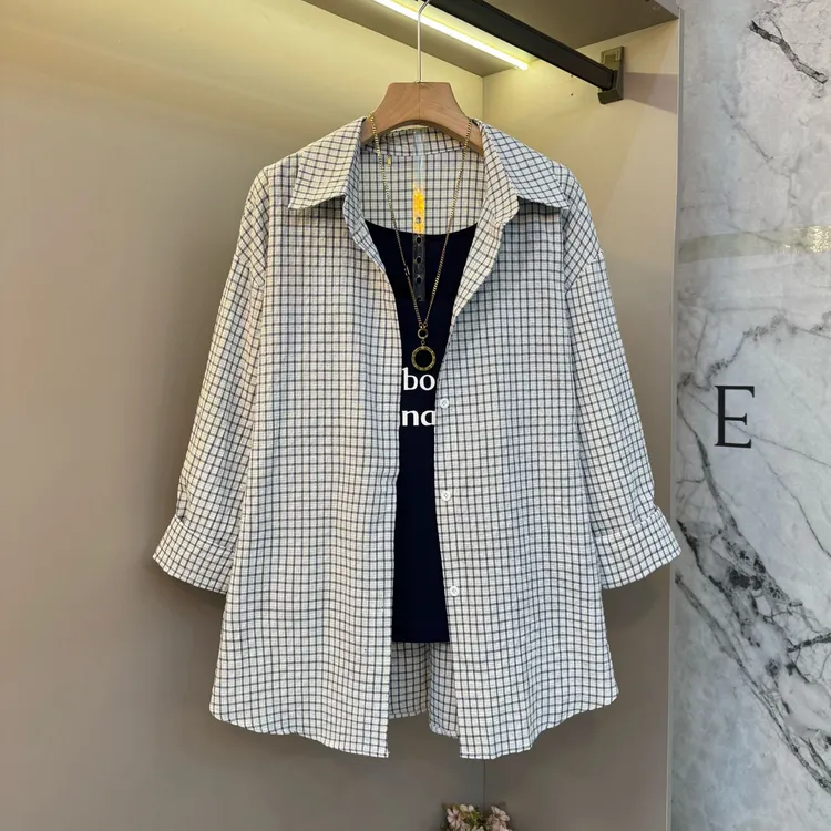早秋新款2025休闲洋气长袖格子衬衫+字母设计感背心两件套1056