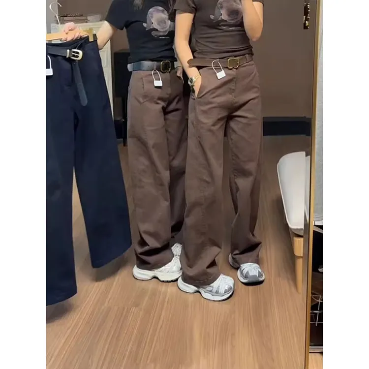 咖啡色拖地裤女秋季新款大码女装高腰百搭阔腿裤胖妹妹mm宽松长裤