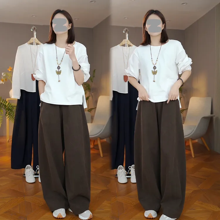 老钱风松驰感套装女2025春秋新款不规则开叉长袖t恤阔腿裤两件套