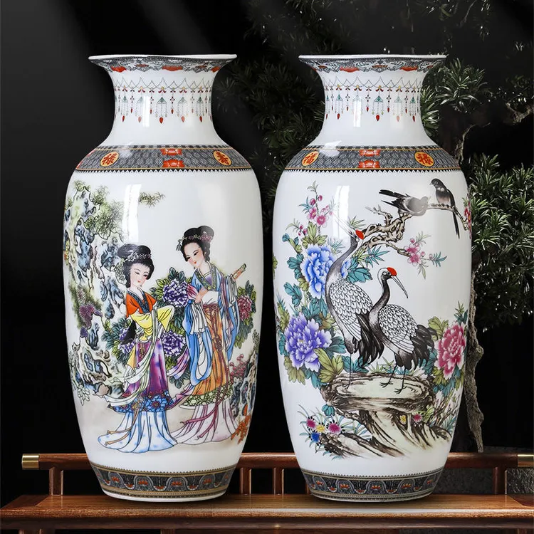 景德镇陶瓷器花瓶大号大口径插花山水博古架摆件高档客厅陶瓷摆件