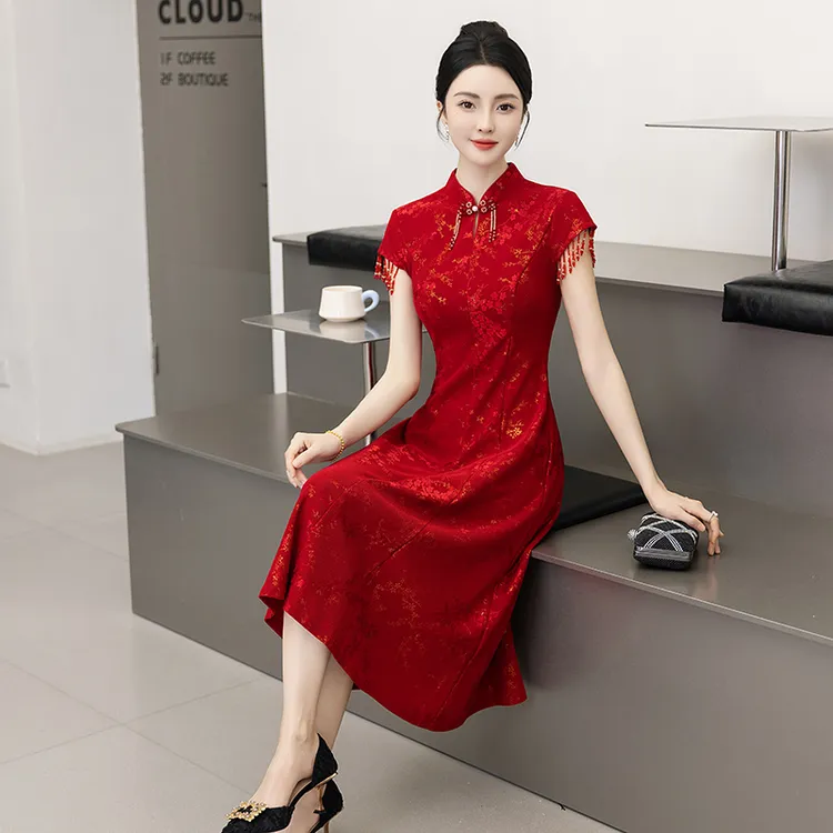 中式短袖A摆裙婚宴礼服旗袍喜妈妈喜婆婆新娘结婚订婚中国风修改