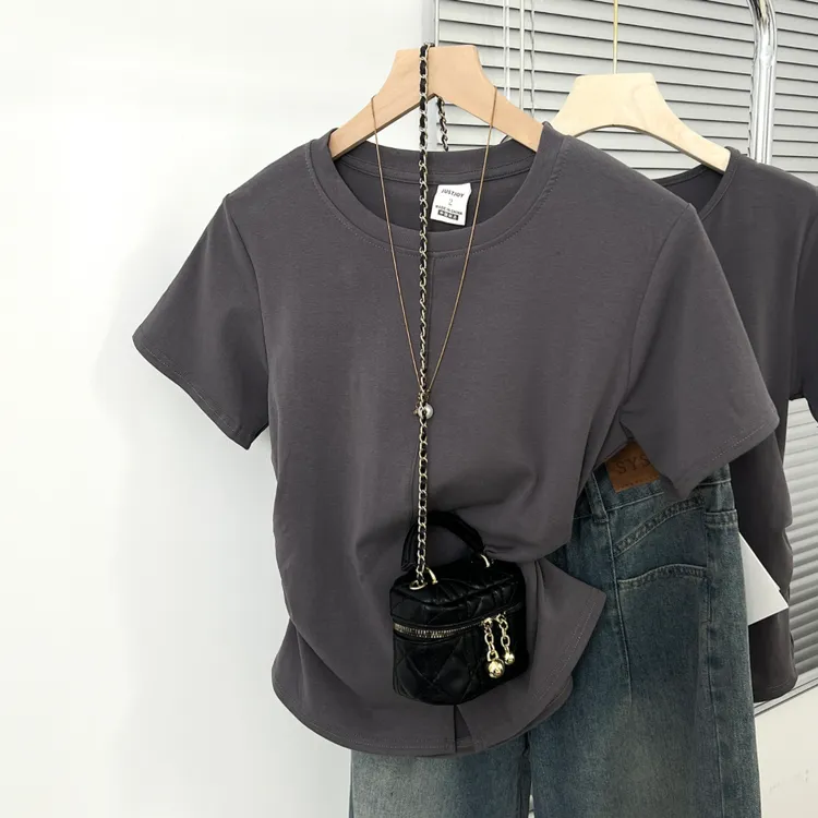 大码女装夏季新款胖mm时尚圆领上衣褶皱设计感正肩短袖T恤显瘦