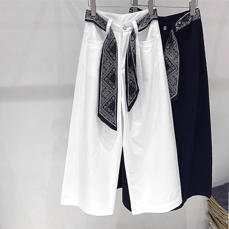 韩系丝巾腰带休闲阔腿裤女高腰九分裤2025秋季新款宽松显瘦直筒裤