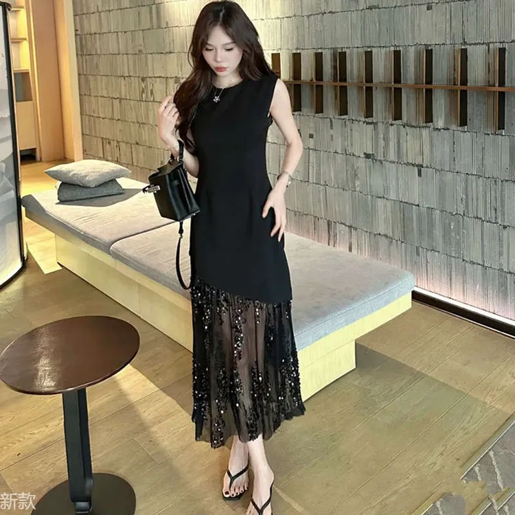 法式轻奢重工网纱亮片拼接连衣裙女夏季气质减龄显瘦无袖背心长裙