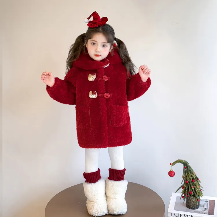 女童加绒外套秋冬季新款宝宝加厚红色大衣洋气儿童冬装保暖毛毛衣