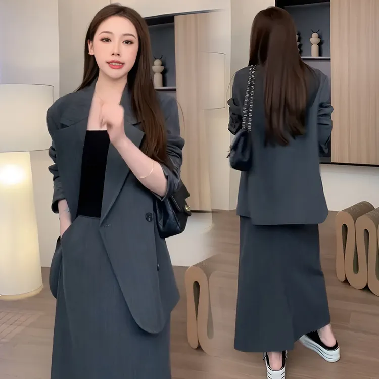 欧货高级感小个子休闲套装女春秋宽松气质西装外套半身裙两件套潮