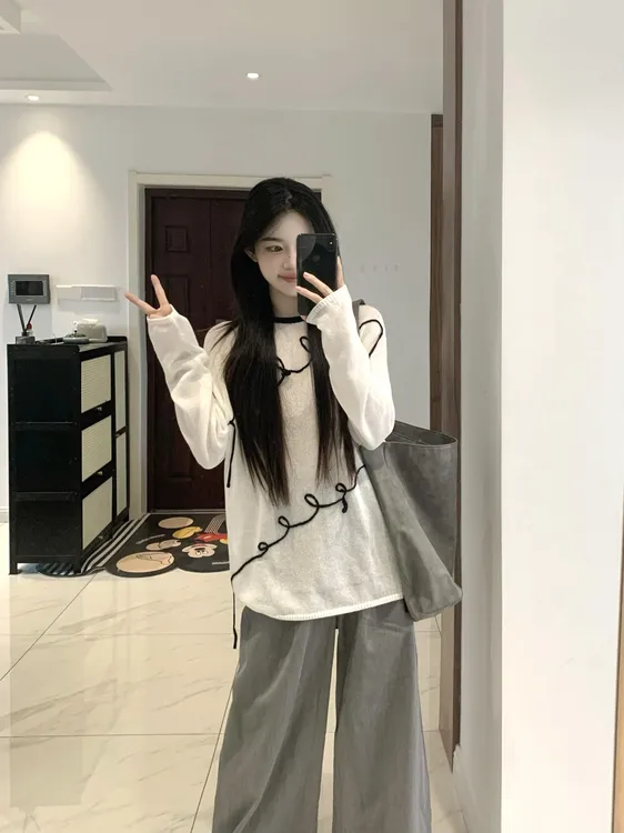 2025秋季韩系新款穿搭防晒针织衫上衣高腰休闲阔腿裤时尚两件套女