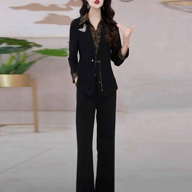 多丽丝女神范时尚套装2025春季新款黑色显瘦长袖气质高级感两件套