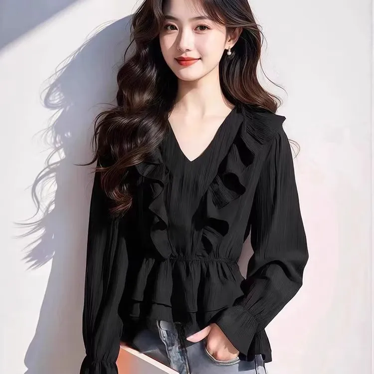 黑色高级感V领荷叶边喇叭袖衬衫女早春设计感收腰显瘦长袖上衣ins